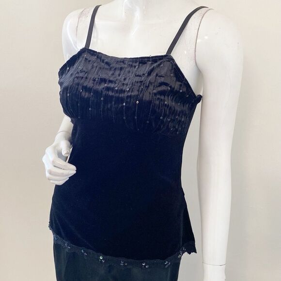 Y2K Vintage No Boundaries Stretch Black Velvet Tank Top w Sequin & Lace Details - Picture 3 of 8